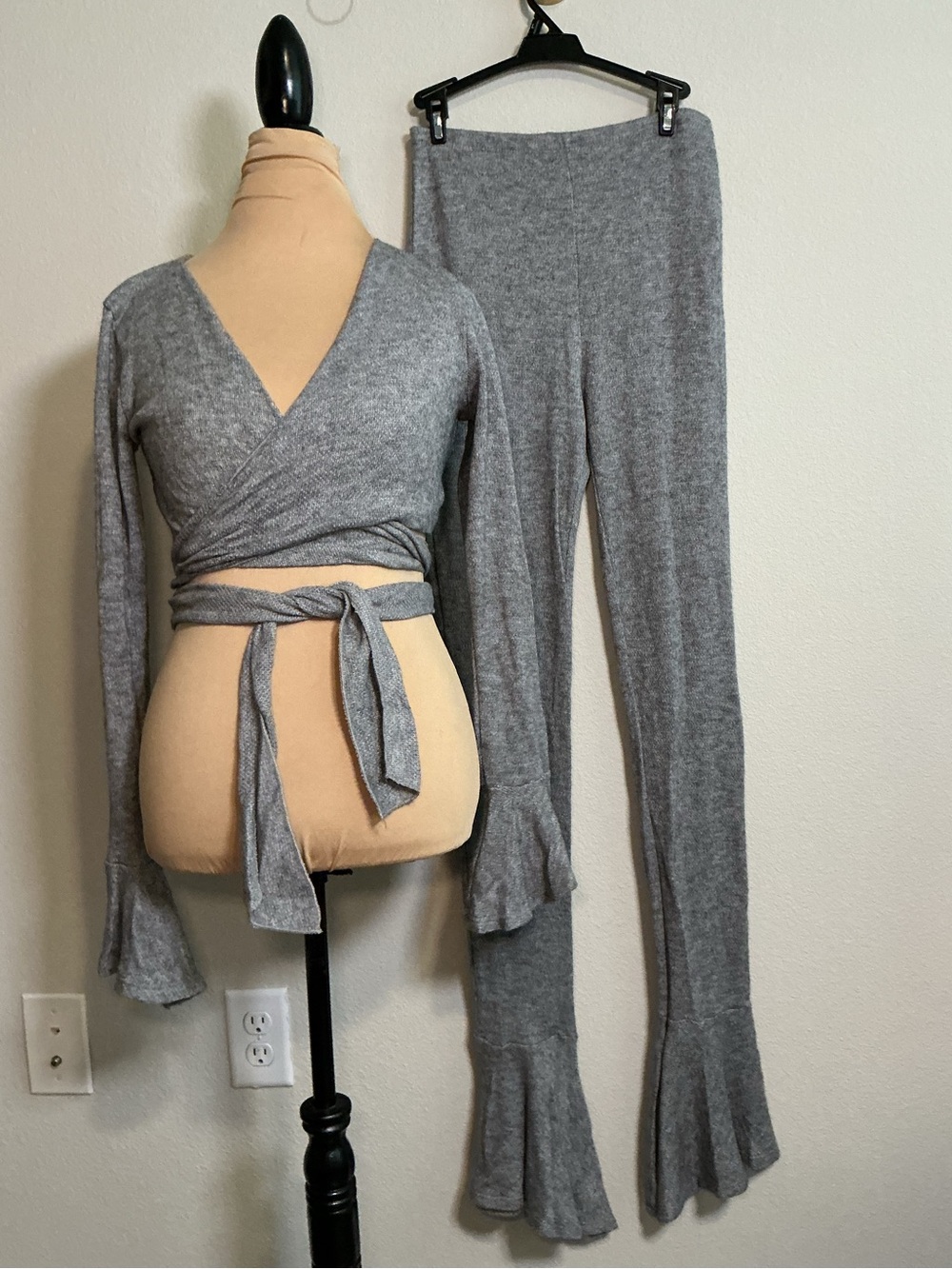 Gray Knit Wrap Crop Top and Ruffle Flare Pants Set